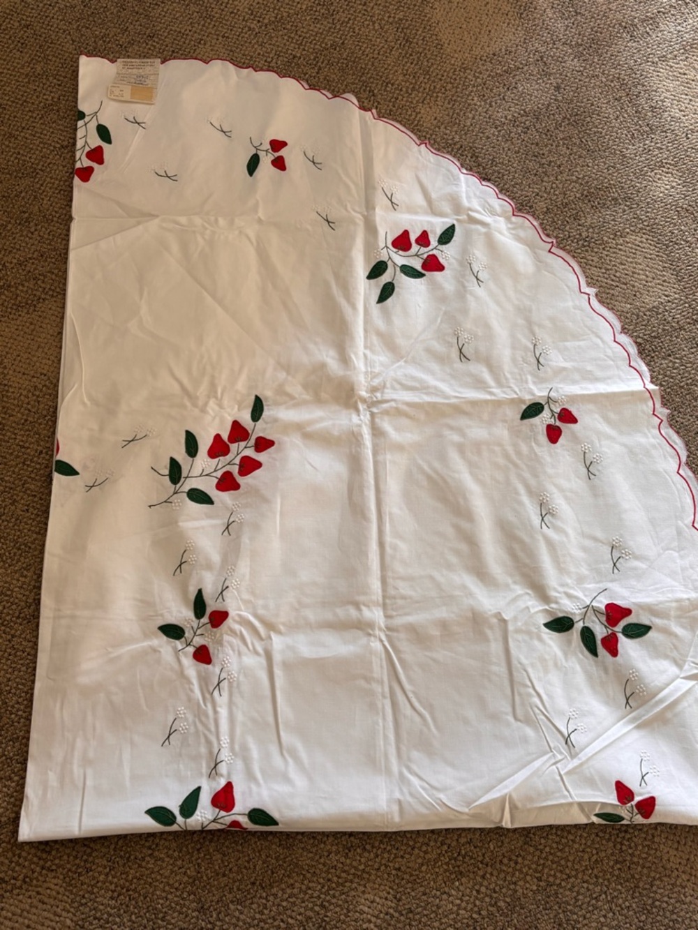Vintage White Linen Tablecloth with Red & Green Hand Embroidered Berries - NWT